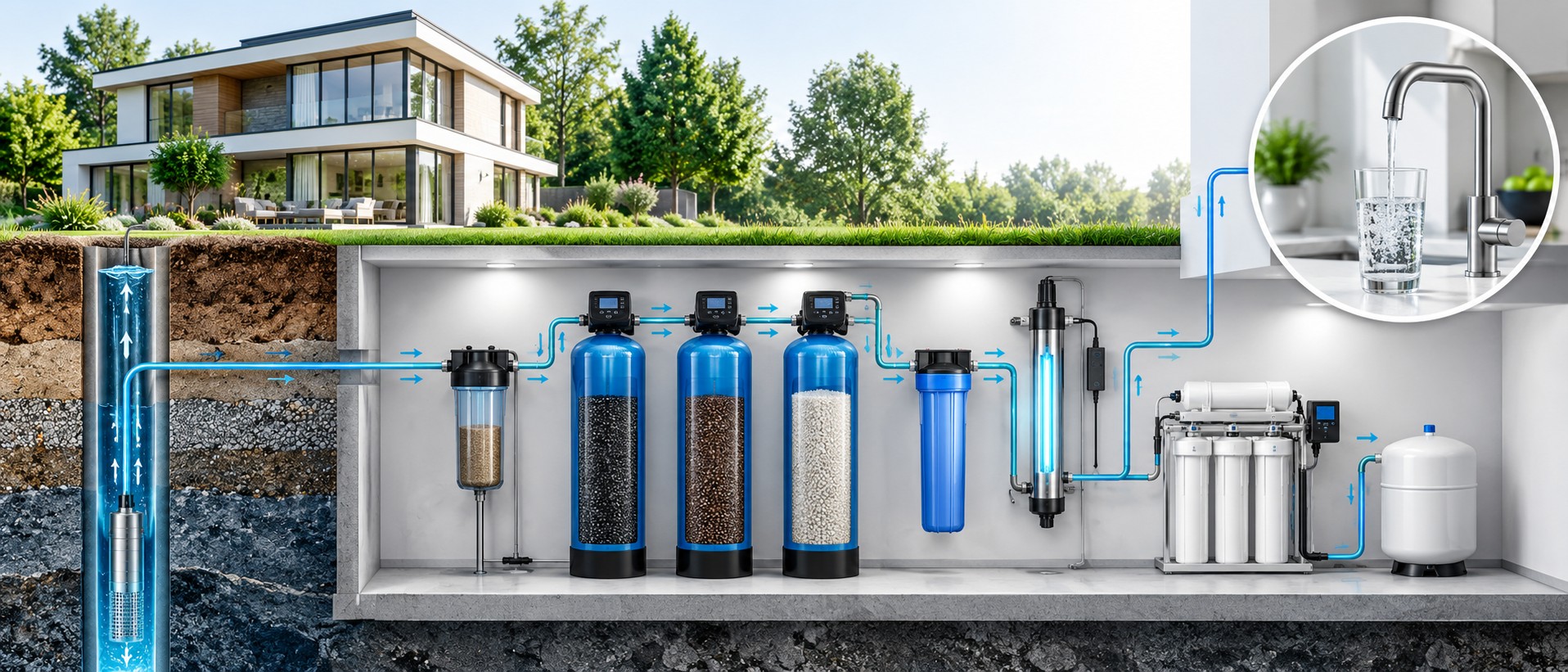 Chaîne de traitement d'une eau de puits ou de forage avec préfiltration, traitement, UV et osmose inverse